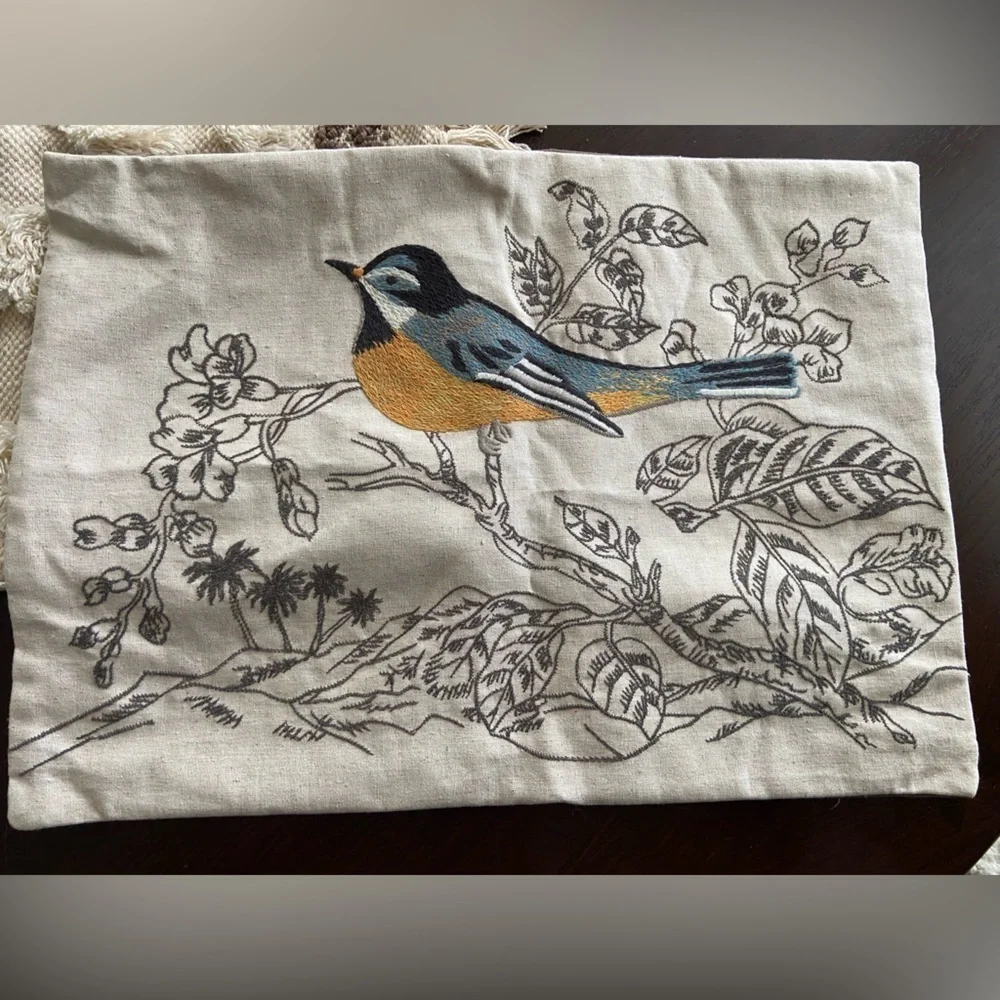Set of 2 Decorative Pillow Covers Pier 1 Embroidered Bird & Neutral Tufted
